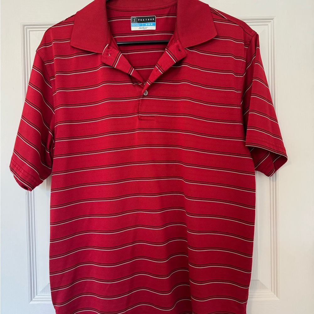PGA Tour Polo Shirt Red with black and white stripes Men’s Medium